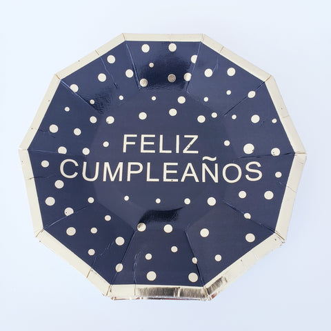 Platos de papel "Feliz Cumpleaños" negros puntos dorados CHICOS (10 piezas)