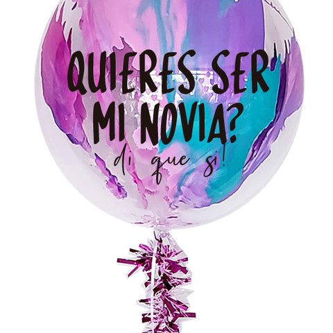 Burbuja 40 cm en caja con mensaje "Quieres ser mi novia?" (Envío CDMX y zonas Edo Mex) (PUEDES ELEGIR LA FRASE)