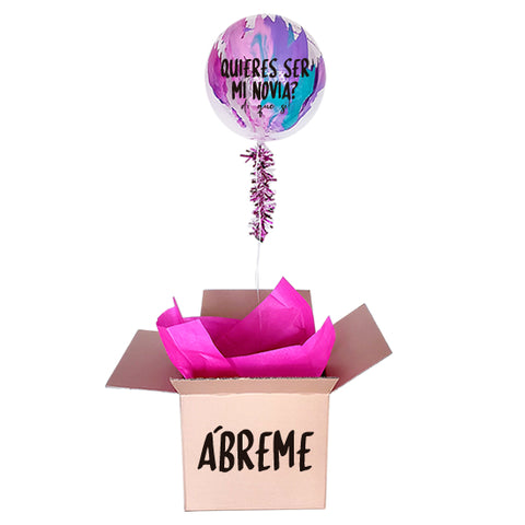 Burbuja 40 cm en caja con mensaje "Quieres ser mi novia?" (Envío CDMX y zonas Edo Mex) (PUEDES ELEGIR LA FRASE)