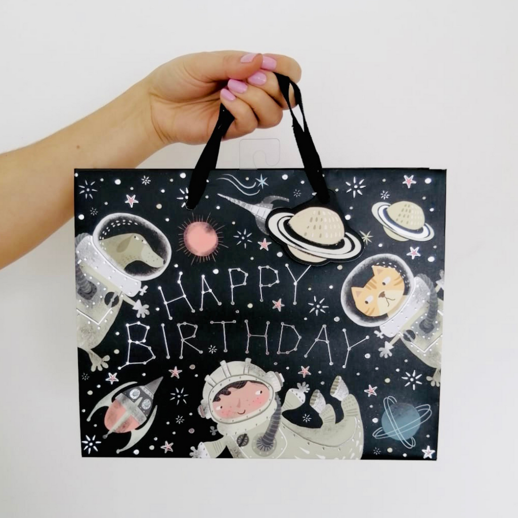 Bolsa para regalo HAPPY BIRTHDAY fiesta espacial (23 x 13 x 33 cm)