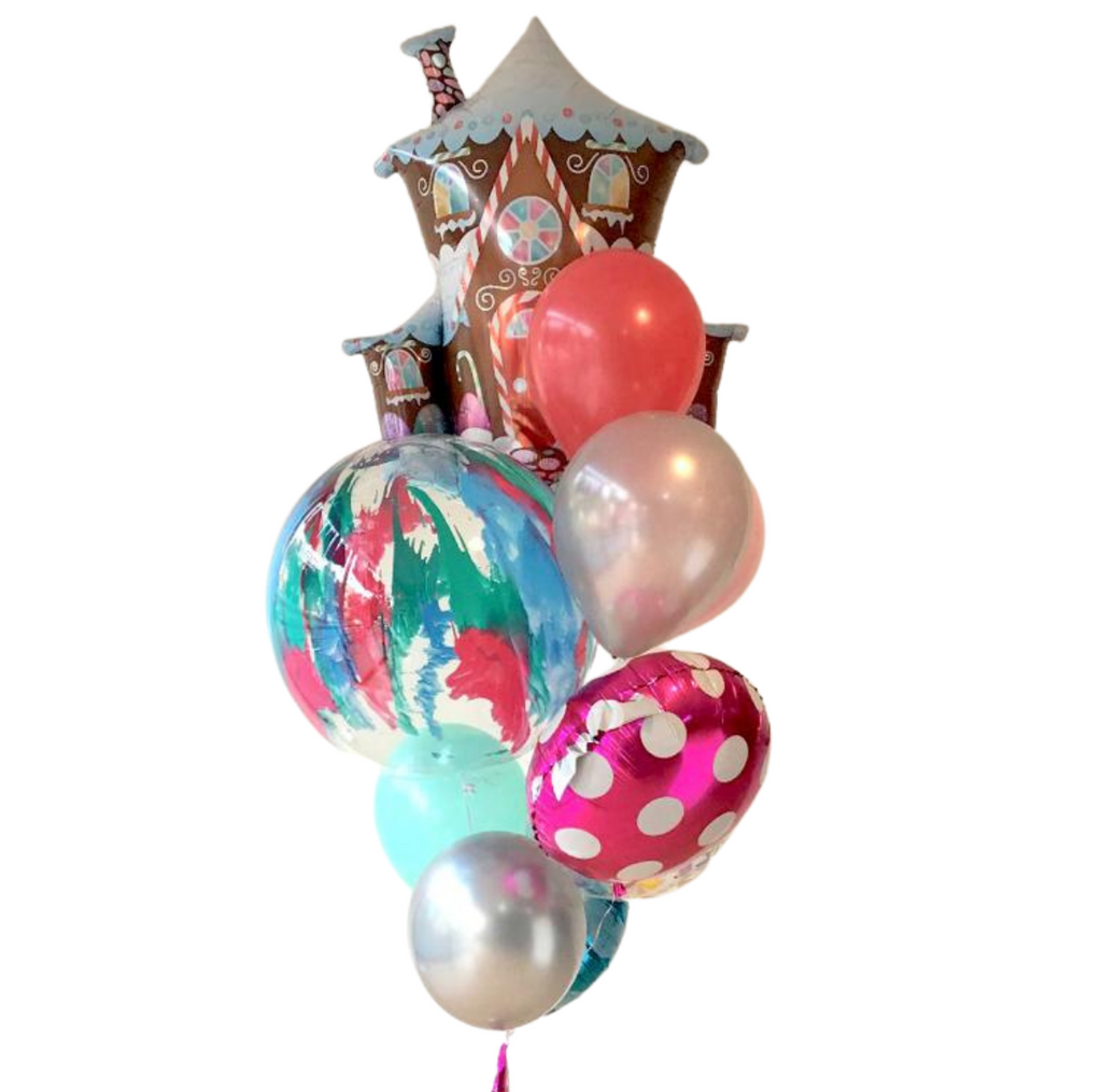 Bouquet casita de jengibre Navidad con helio (Envío CDMX y zonas Edo Mex)