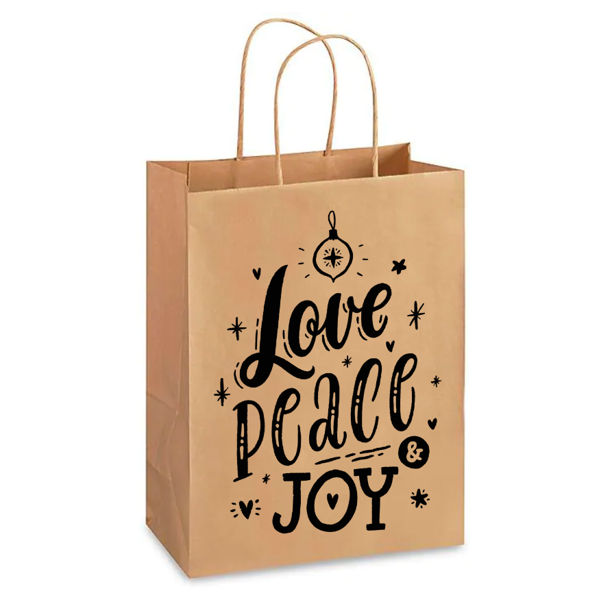 Bolsa de Papel Kraft "Love, Peace, Joy" de Navidad (23 x 13 x 33 cm)