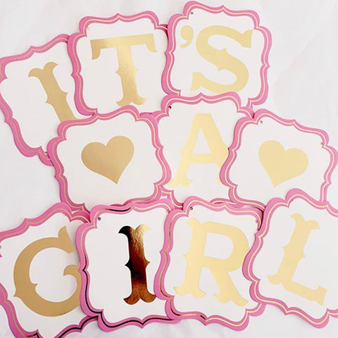 Banderín rosa "Its a Girl" gold foil