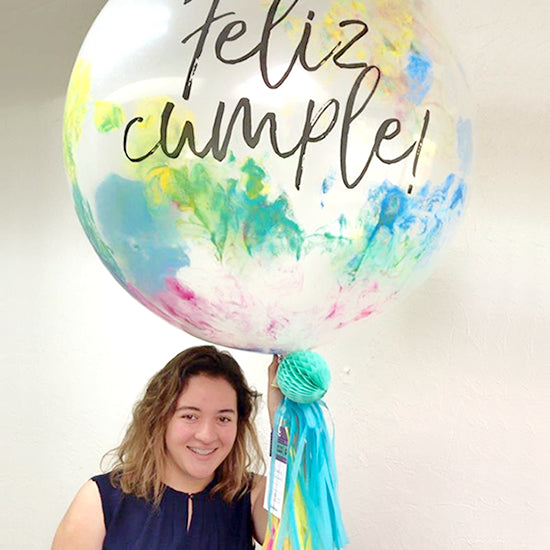 Globo Gigante Transparente con pintura "Feliz cumple" (70 cm) (con helio y decorado)