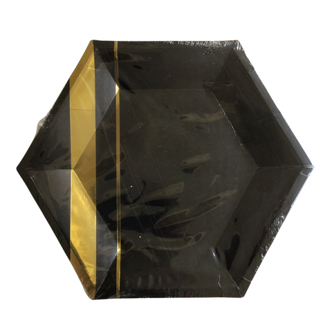 Platos de papel hexagonales negros rayas doradas gold foil GRANDES (10 piezas)