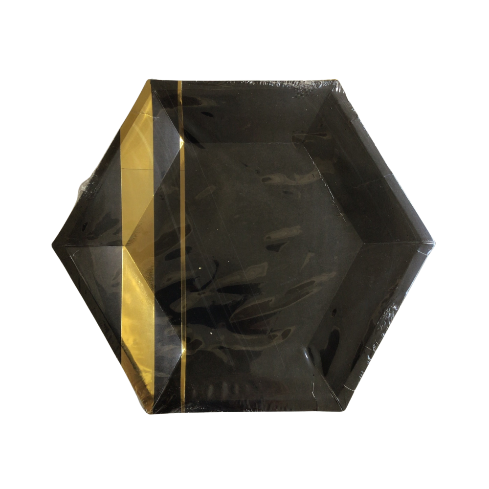 Platos de papel hexagonales negros rayas doradas gold foil CHICOS (10 piezas)
